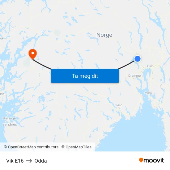 Vik E16 to Odda map