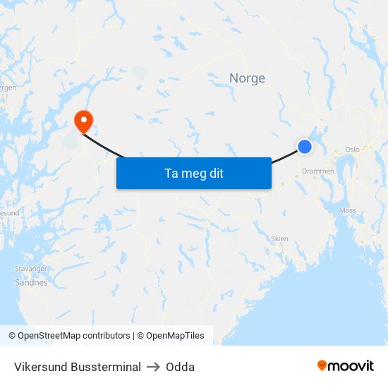 Vikersund Bussterminal to Odda map