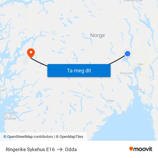 Ringerike Sykehus E16 to Odda map