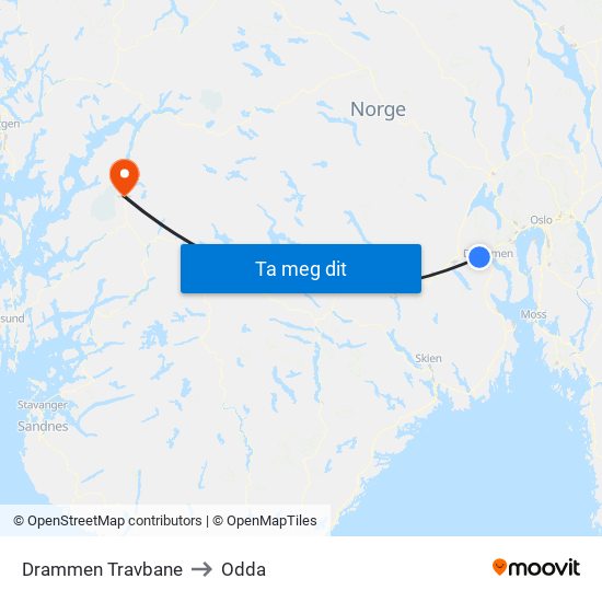 Drammen Travbane to Odda map