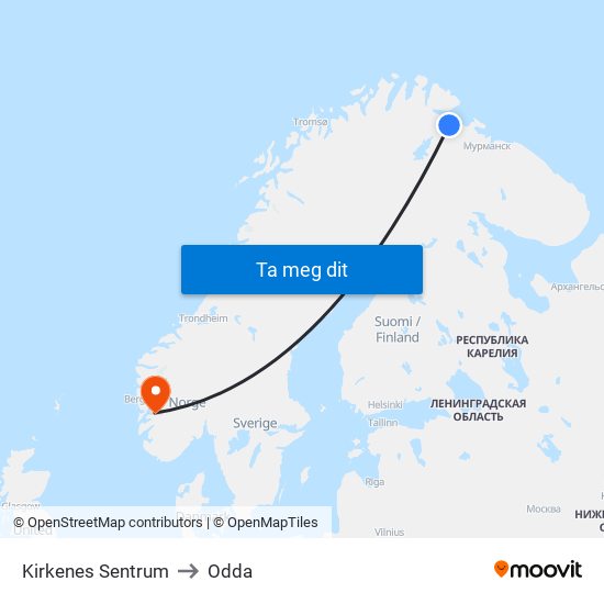 Kirkenes Sentrum to Odda map