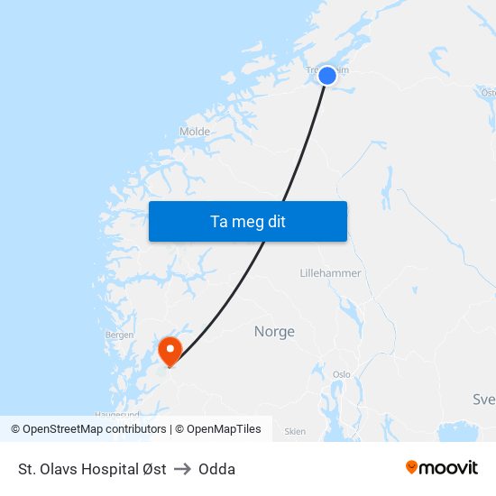 St. Olavs Hospital Øst to Odda map