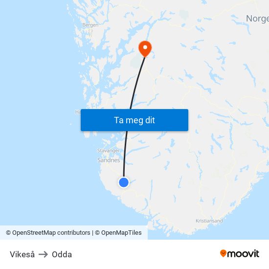 Vikeså to Odda map