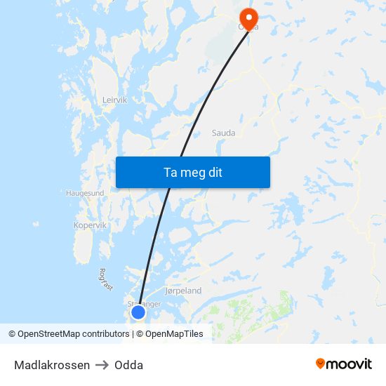 Madlakrossen to Odda map