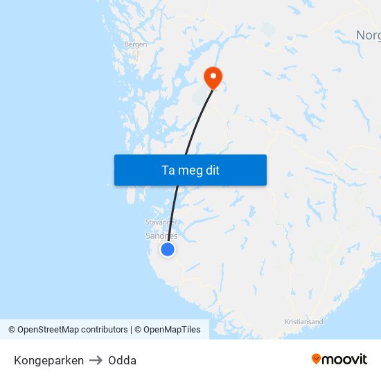 Kongeparken to Odda map