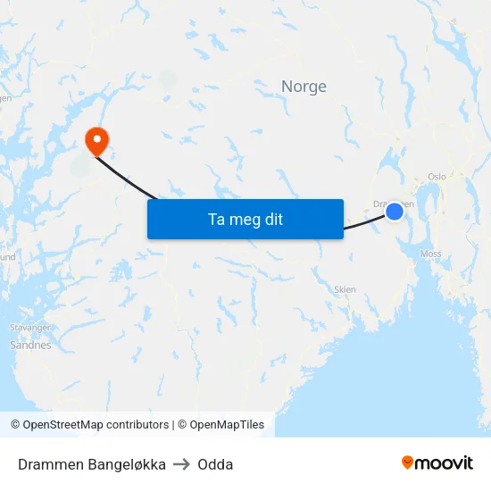 Drammen Bangeløkka to Odda map