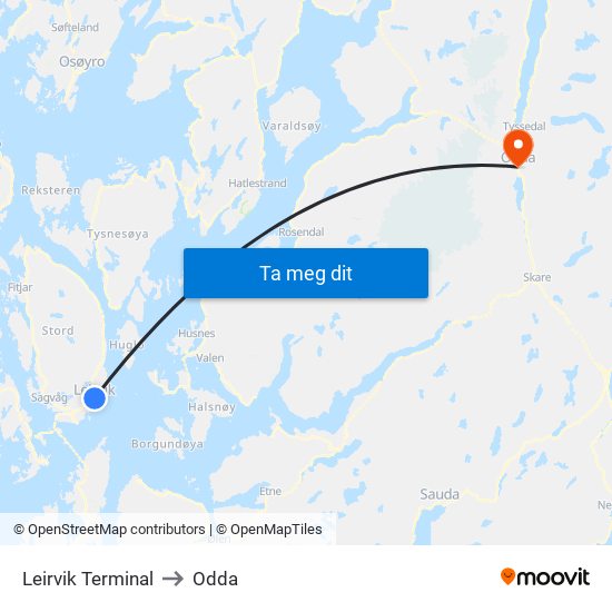 Leirvik Terminal to Odda map
