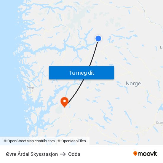 Øvre Årdal Skysstasjon to Odda map