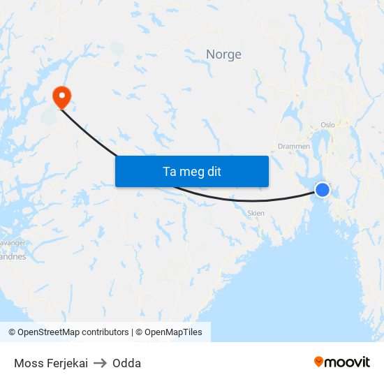 Moss Ferjekai to Odda map