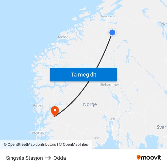 Singsås Stasjon to Odda map