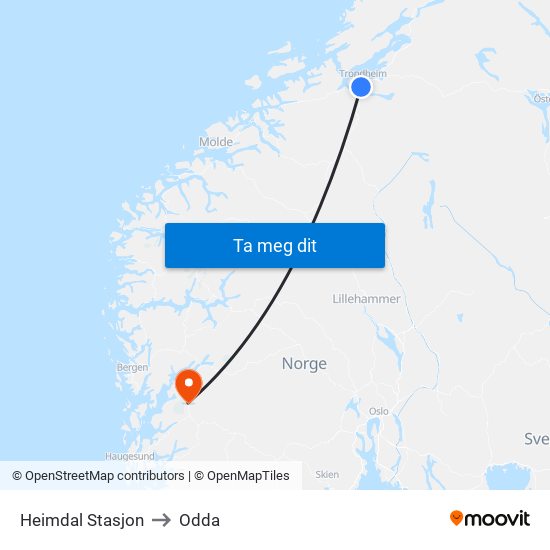 Heimdal Stasjon to Odda map