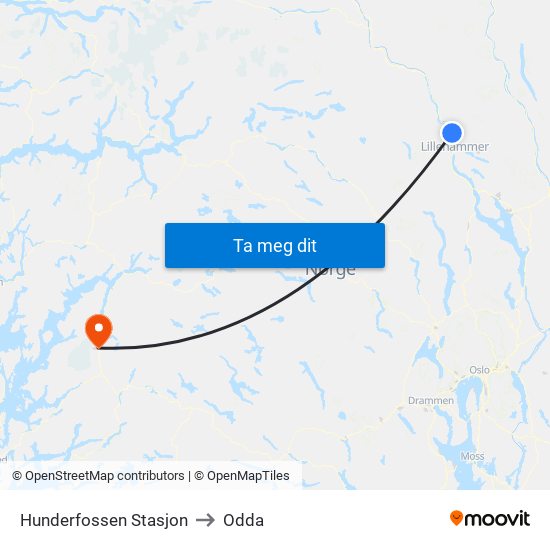 Hunderfossen Stasjon to Odda map