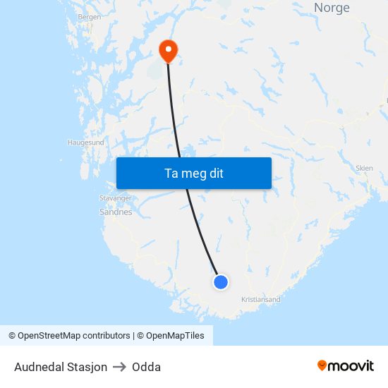 Audnedal Stasjon to Odda map