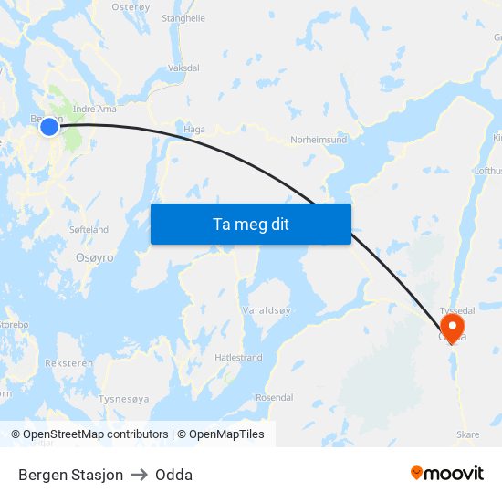 Bergen Stasjon to Odda map