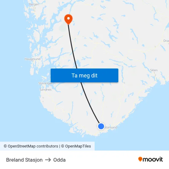 Breland Stasjon to Odda map