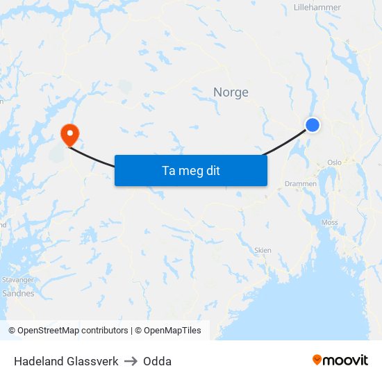 Hadeland Glassverk to Odda map