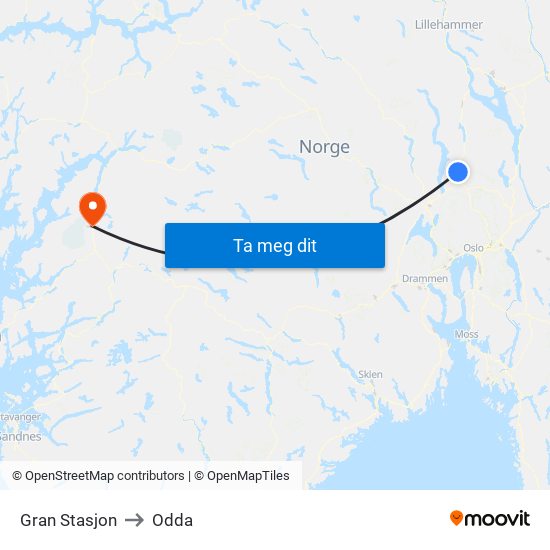 Gran Stasjon to Odda map