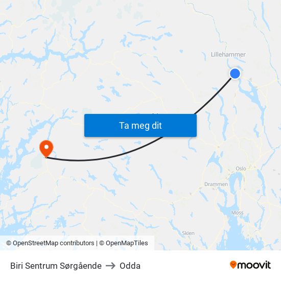 Biri Sentrum Sørgående to Odda map