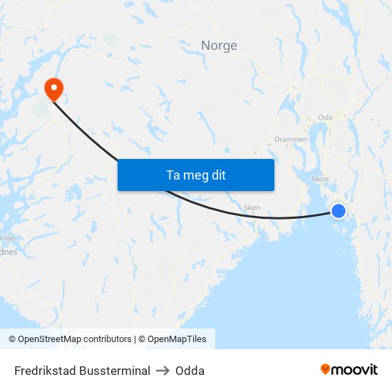 Fredrikstad Bussterminal to Odda map