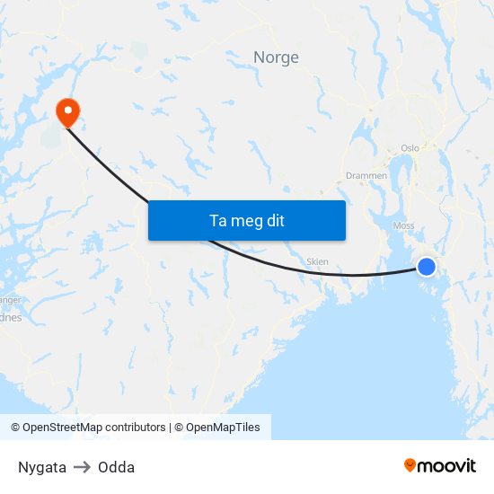 Nygata to Odda map