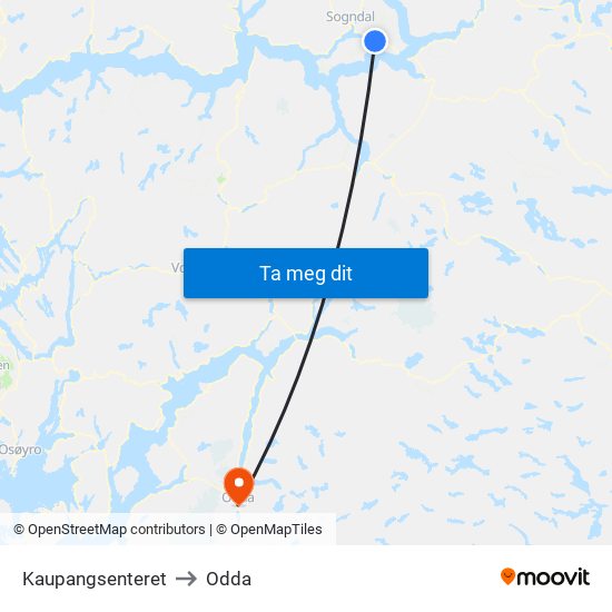 Kaupangsenteret to Odda map