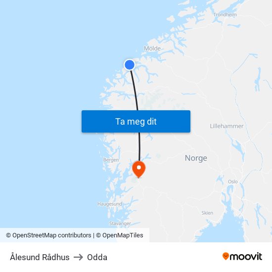 Ålesund Rådhus to Odda map
