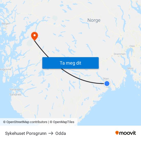 Sykehuset Porsgrunn to Odda map