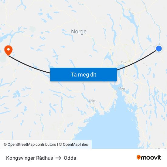 Kongsvinger Rådhus to Odda map