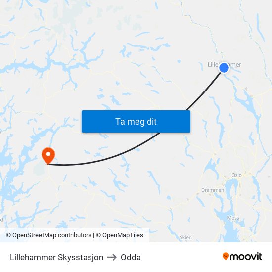 Lillehammer Skysstasjon to Odda map