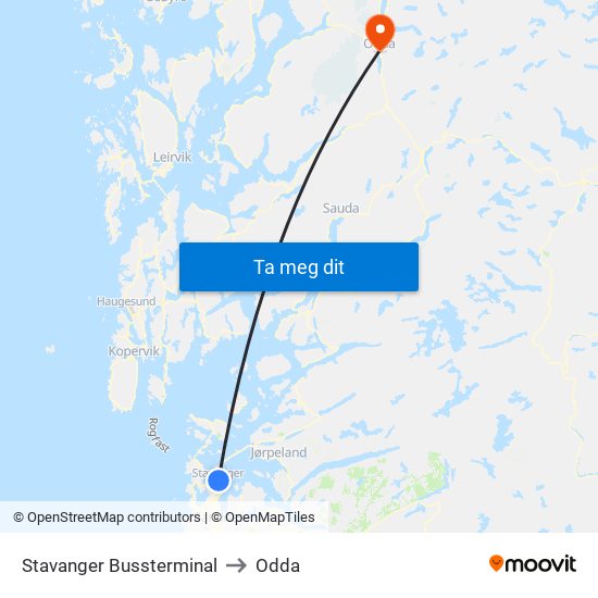 Stavanger Bussterminal to Odda map
