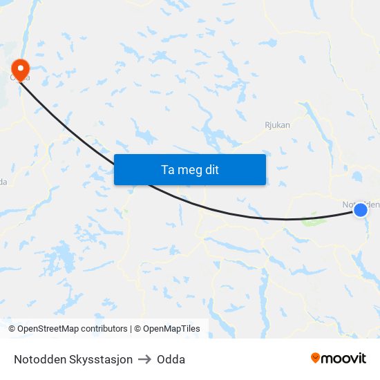 Notodden Skysstasjon to Odda map