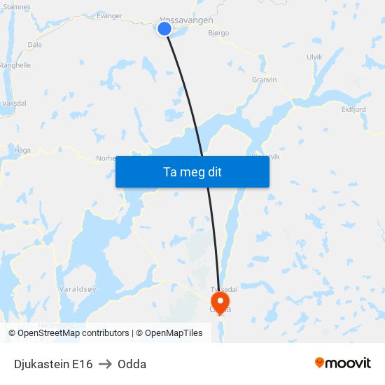 Djukastein E16 to Odda map