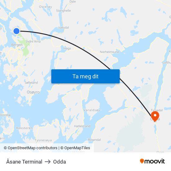 Åsane Terminal to Odda map