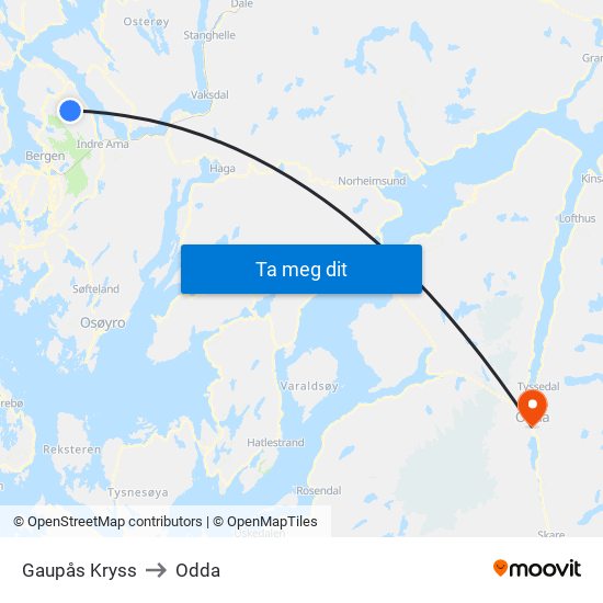Gaupås Kryss to Odda map