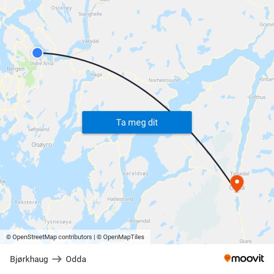 Bjørkhaug to Odda map