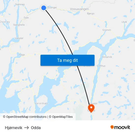 Hjørnevik to Odda map