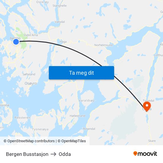Bergen Busstasjon to Odda map