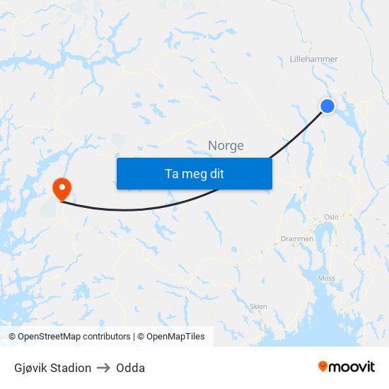 Gjøvik Stadion to Odda map
