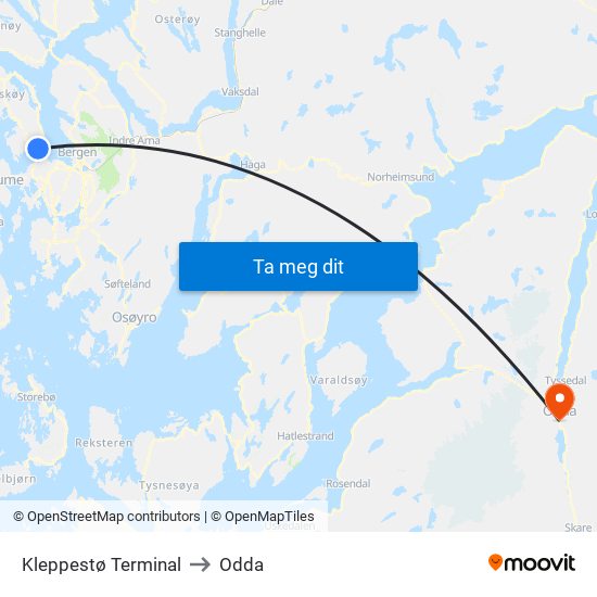 Kleppestø Terminal to Odda map