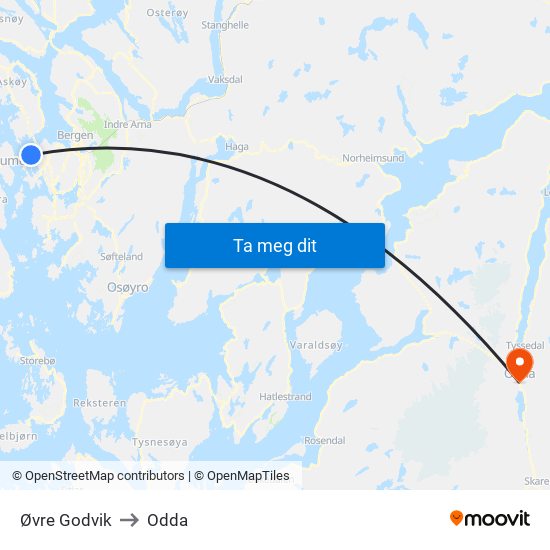 Øvre Godvik to Odda map