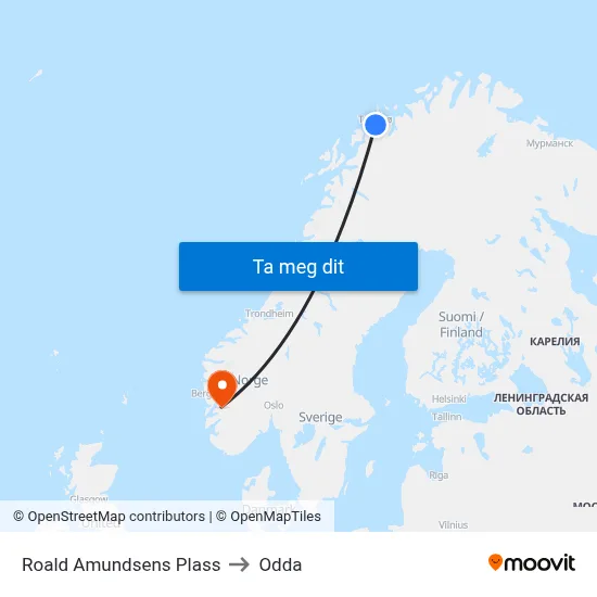 Roald Amundsens Plass to Odda map