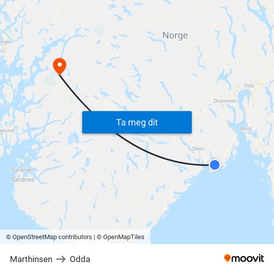 Marthinsen to Odda map