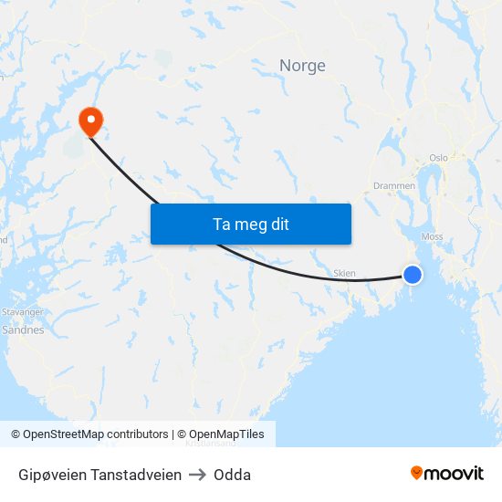 Gipøveien Tanstadveien to Odda map