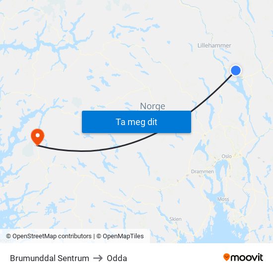 Brumunddal Sentrum to Odda map