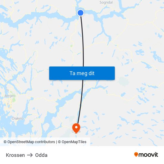 Krossen to Odda map