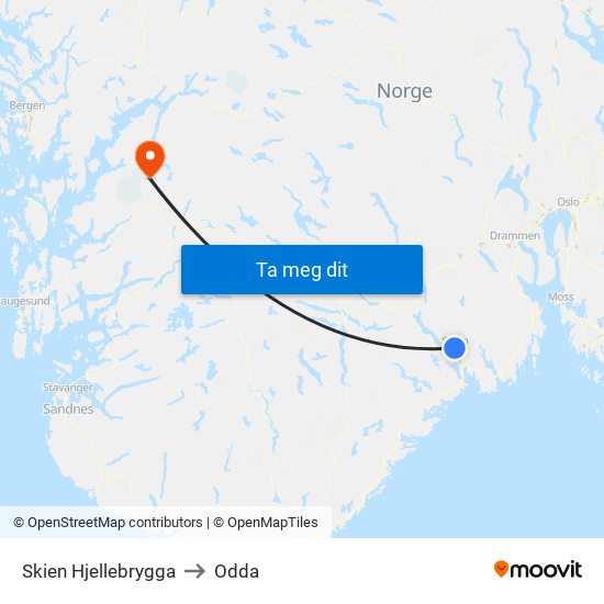 Skien Hjellebrygga to Odda map