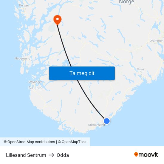 Lillesand Sentrum to Odda map