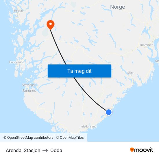 Arendal Stasjon to Odda map