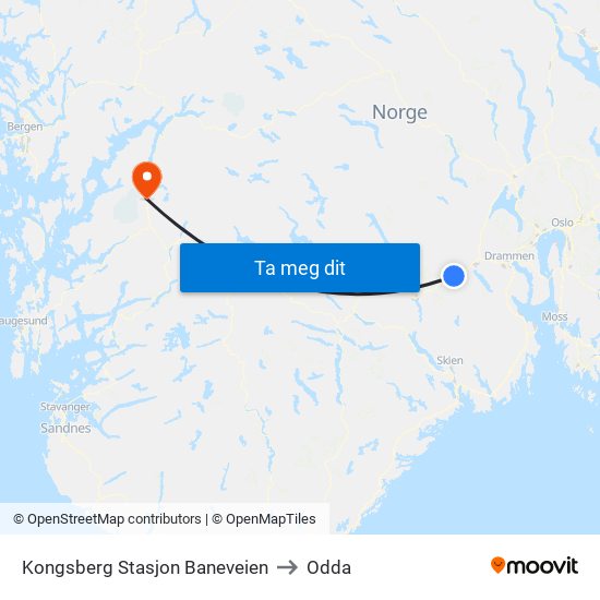 Kongsberg Stasjon Baneveien to Odda map