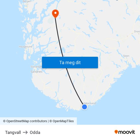Tangvall to Odda map